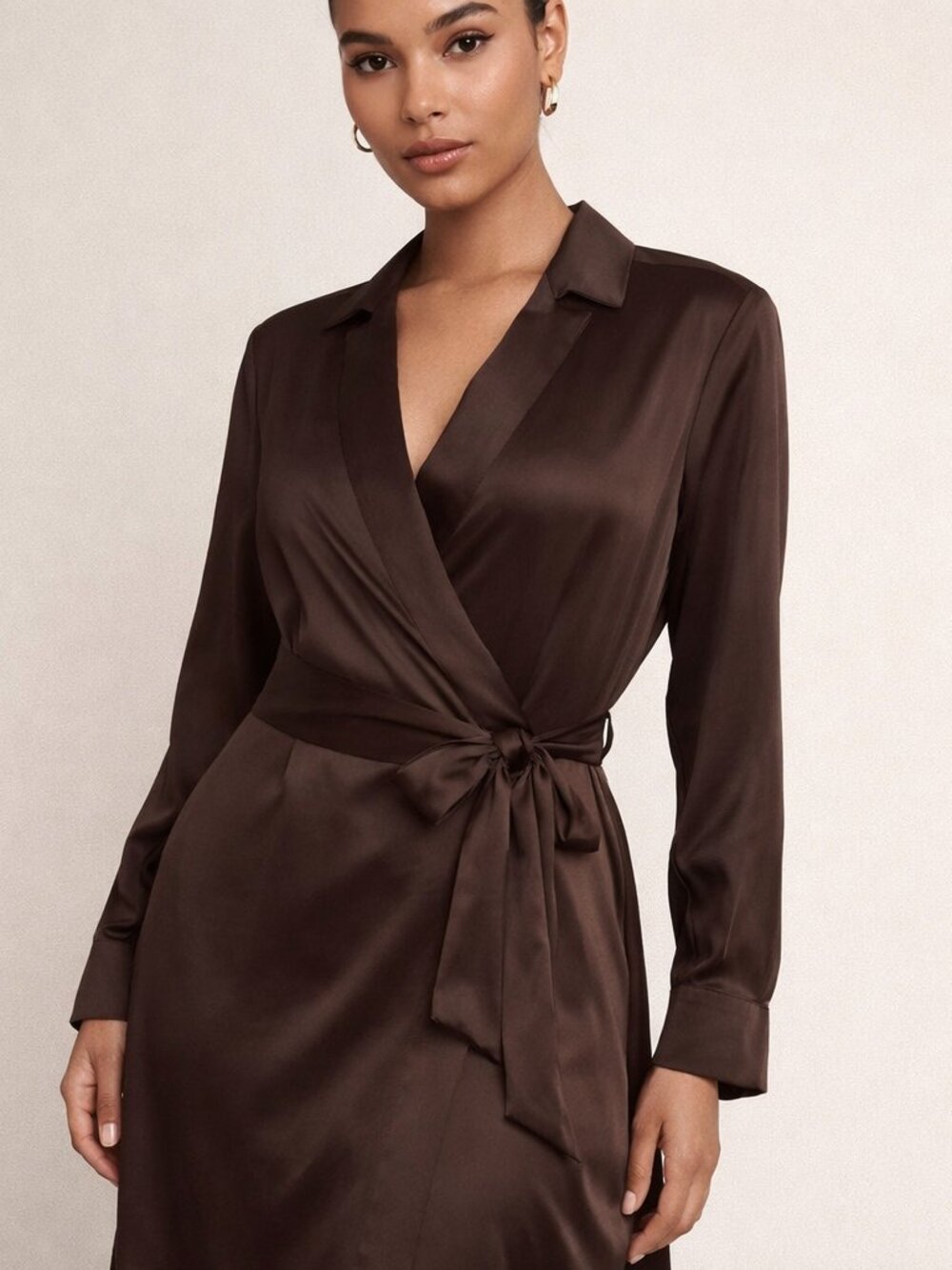 Tahari Chocolate Brown Satin Wrap Dress with Tie Waist
